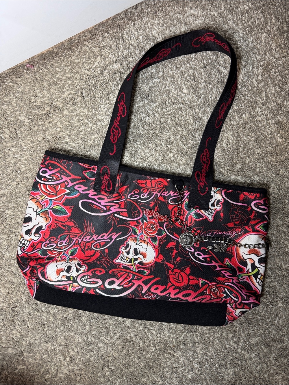 Ed Hardy Black Red Skull & Rose Graphic Tote